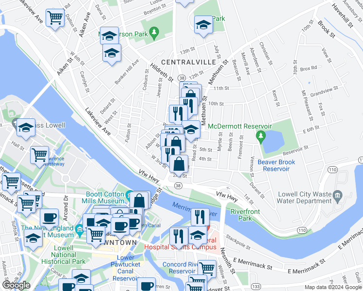 map of restaurants, bars, coffee shops, grocery stores, and more near 19 West 5th Street in Lowell