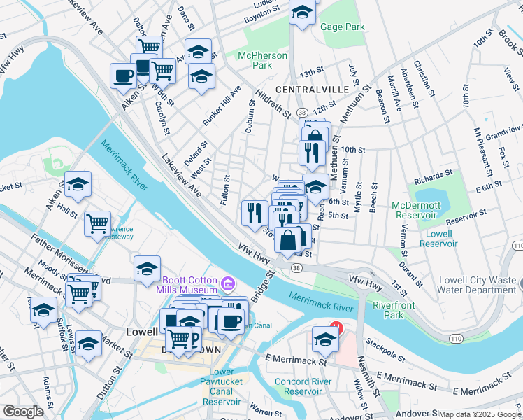 map of restaurants, bars, coffee shops, grocery stores, and more near 55 West 3rd Street in Lowell