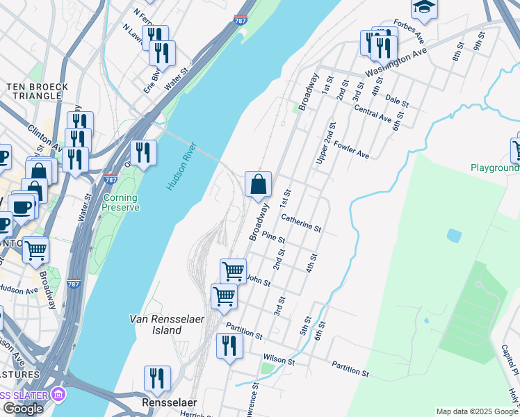 map of restaurants, bars, coffee shops, grocery stores, and more near 1244 Broadway in Rensselaer