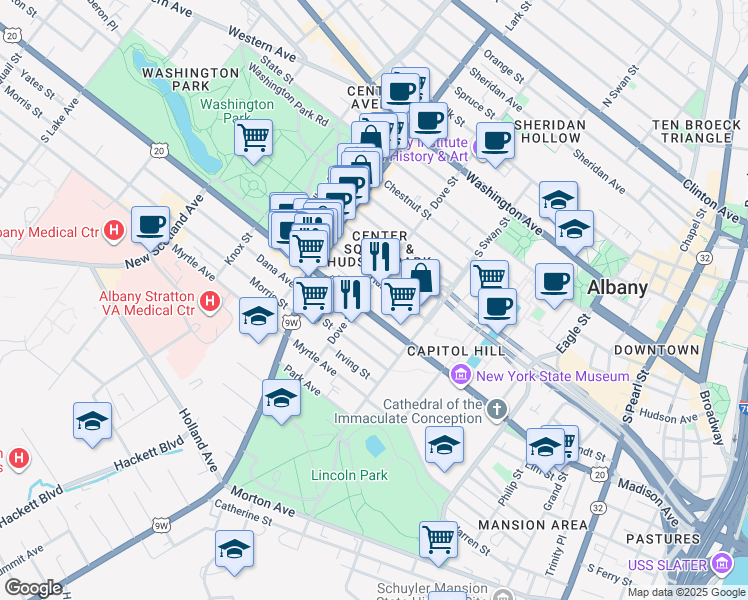 map of restaurants, bars, coffee shops, grocery stores, and more near 370 Madison Avenue in Albany