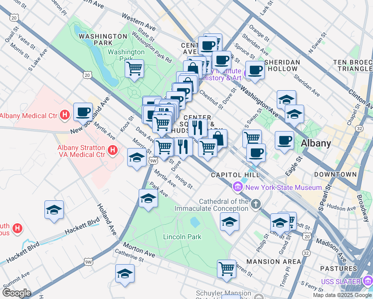 map of restaurants, bars, coffee shops, grocery stores, and more near 370 Madison Avenue in Albany