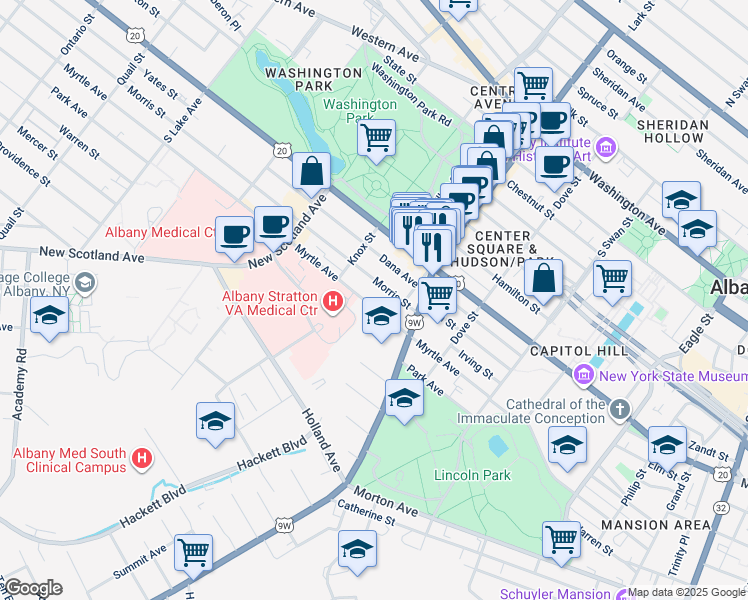 map of restaurants, bars, coffee shops, grocery stores, and more near 296 Myrtle Avenue in Albany