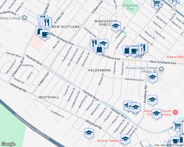map of restaurants, bars, coffee shops, grocery stores, and more near 54 Pinewood Avenue in Albany