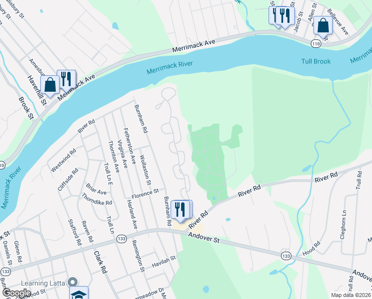 map of restaurants, bars, coffee shops, grocery stores, and more near 85 Merrimack Meadows Lane in Tewksbury