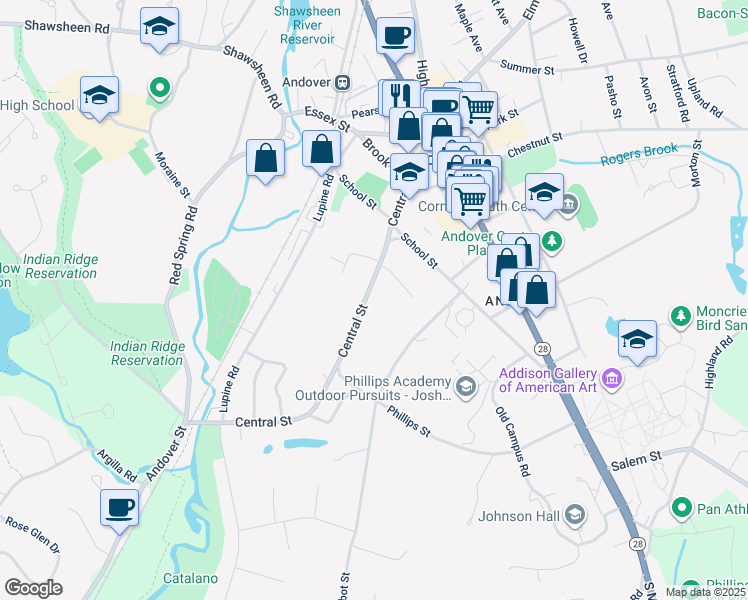 map of restaurants, bars, coffee shops, grocery stores, and more near 60 Central Street in Andover