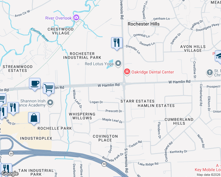 map of restaurants, bars, coffee shops, grocery stores, and more near 1161 West Hamlin Road in Rochester Hills