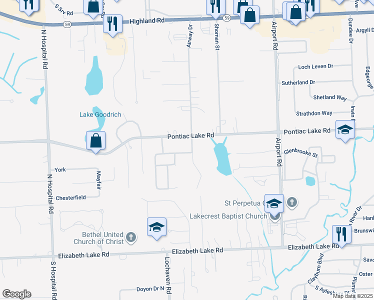 map of restaurants, bars, coffee shops, grocery stores, and more near 6416 Lake Meadow Drive in Waterford Township