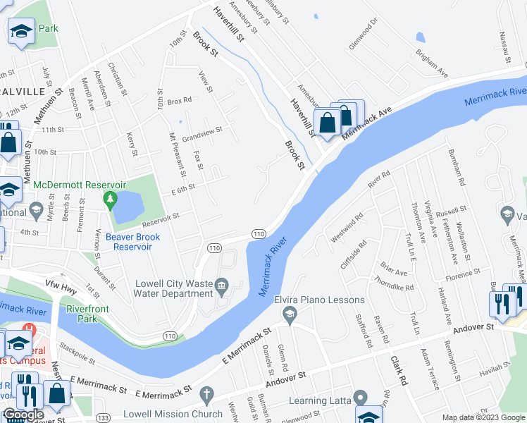 map of restaurants, bars, coffee shops, grocery stores, and more near 2-136 Merrimack Ave in Dracut