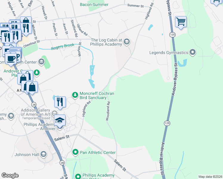 map of restaurants, bars, coffee shops, grocery stores, and more near 1 Woodland Road in Andover