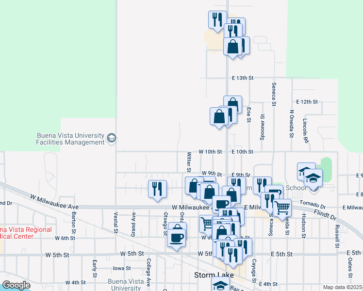 map of restaurants, bars, coffee shops, grocery stores, and more near 1101 Ontario Street in Storm Lake