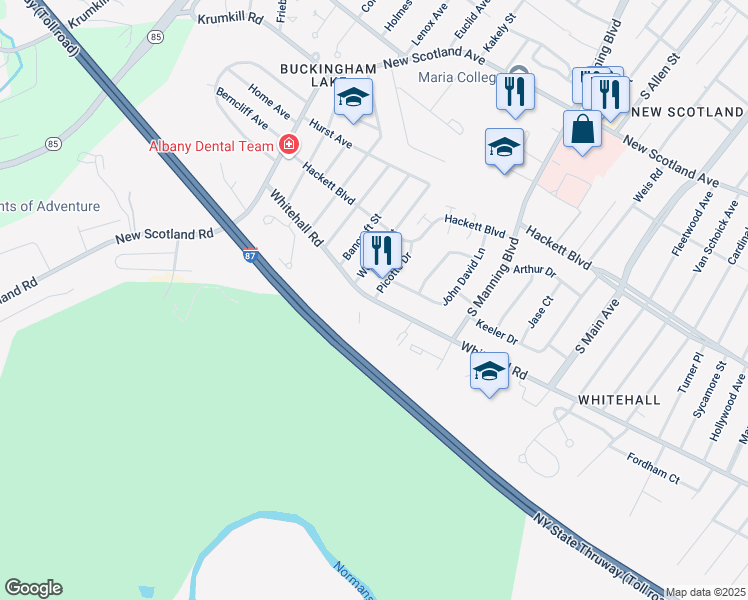 map of restaurants, bars, coffee shops, grocery stores, and more near Whitehall Rd & Picotte Dr in Albany