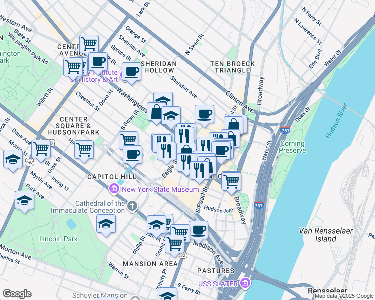 map of restaurants, bars, coffee shops, grocery stores, and more near 25 Eagle Street in Albany