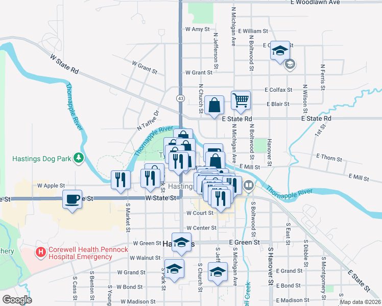map of restaurants, bars, coffee shops, grocery stores, and more near 205 West Thorn Street in Hastings