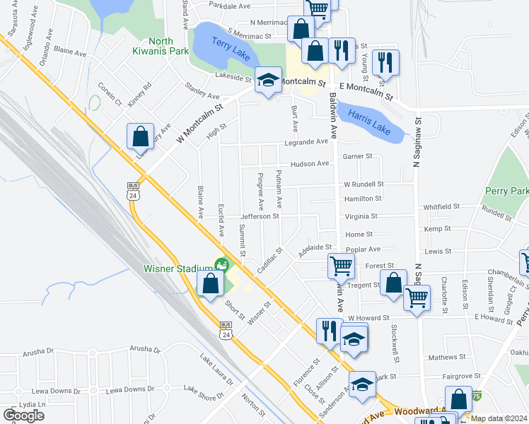 map of restaurants, bars, coffee shops, grocery stores, and more near 90 Pingree Avenue in Pontiac