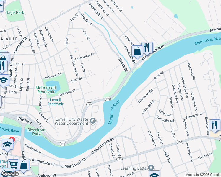 map of restaurants, bars, coffee shops, grocery stores, and more near 2-136 Merrimack Ave in Dracut