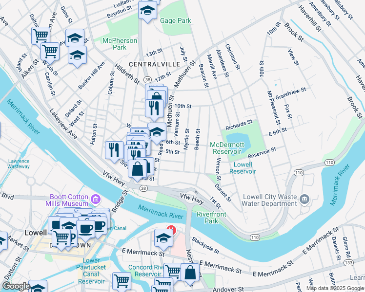 map of restaurants, bars, coffee shops, grocery stores, and more near 38 Myrtle Street in Lowell