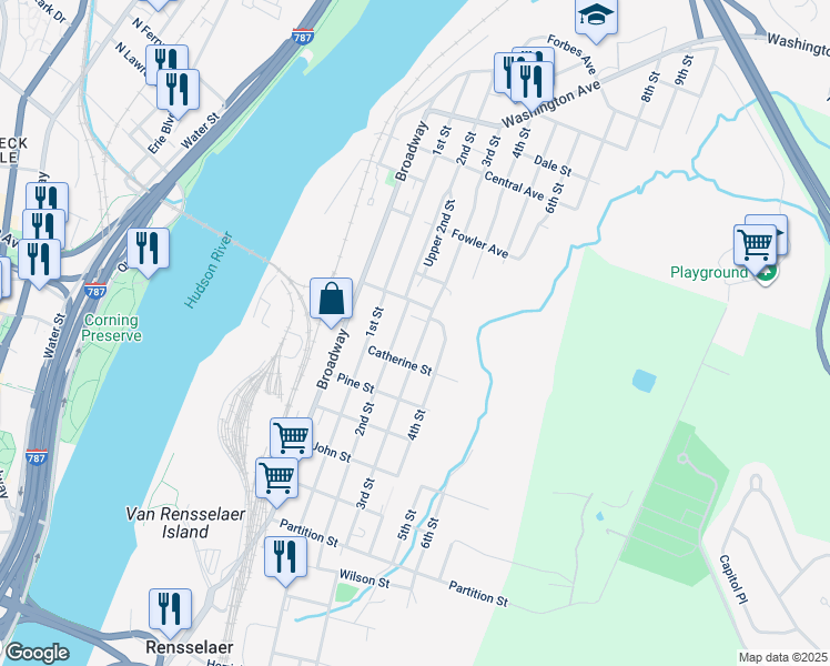 map of restaurants, bars, coffee shops, grocery stores, and more near 1318 3rd Street in Rensselaer