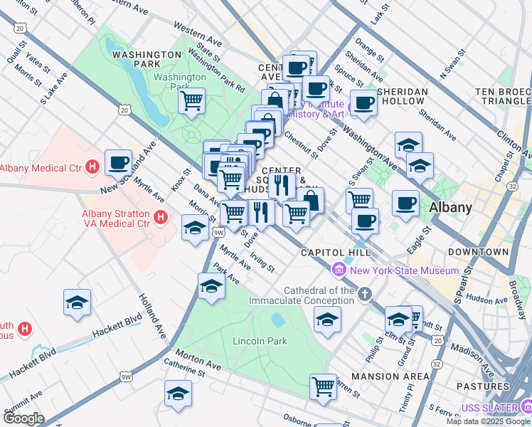 map of restaurants, bars, coffee shops, grocery stores, and more near 370 Madison Avenue in Albany