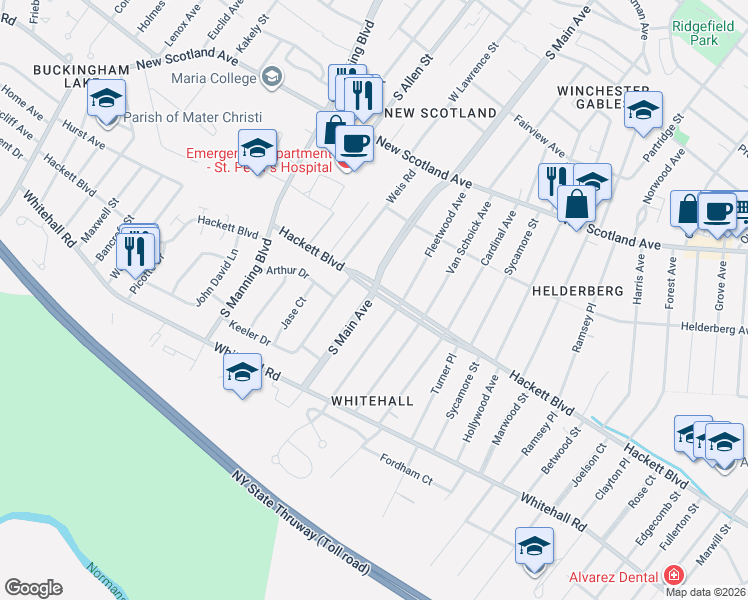map of restaurants, bars, coffee shops, grocery stores, and more near 86 Fleetwood Avenue in Albany