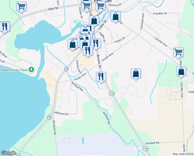 map of restaurants, bars, coffee shops, grocery stores, and more near 112 Sunset Ave in Penn Yan
