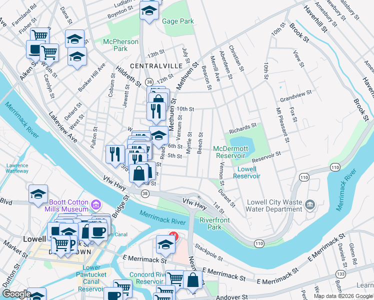 map of restaurants, bars, coffee shops, grocery stores, and more near 103 6th Street in Lowell