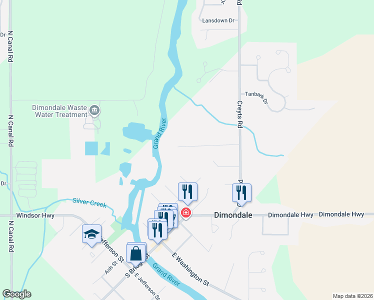 map of restaurants, bars, coffee shops, grocery stores, and more near 255 Reedy Court in Windsor charter Township