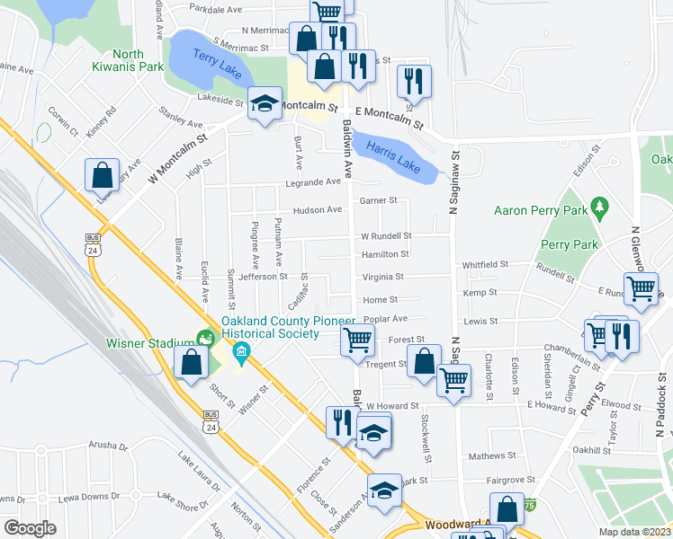 map of restaurants, bars, coffee shops, grocery stores, and more near 12 Jefferson Street in Pontiac