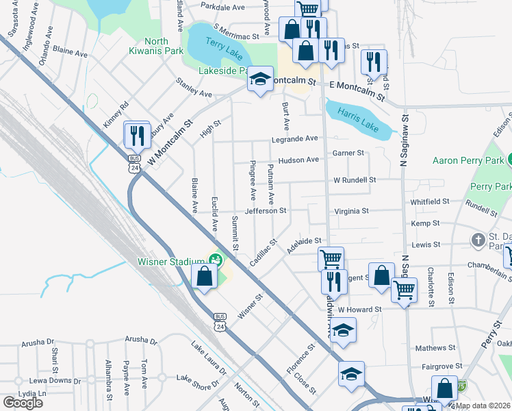 map of restaurants, bars, coffee shops, grocery stores, and more near 92 Pingree Avenue in Pontiac