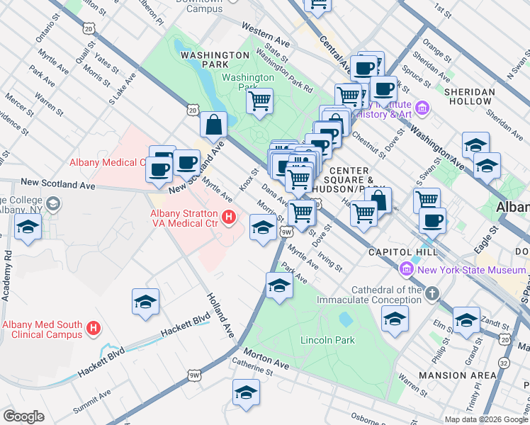 map of restaurants, bars, coffee shops, grocery stores, and more near 30 Morris Street in Albany