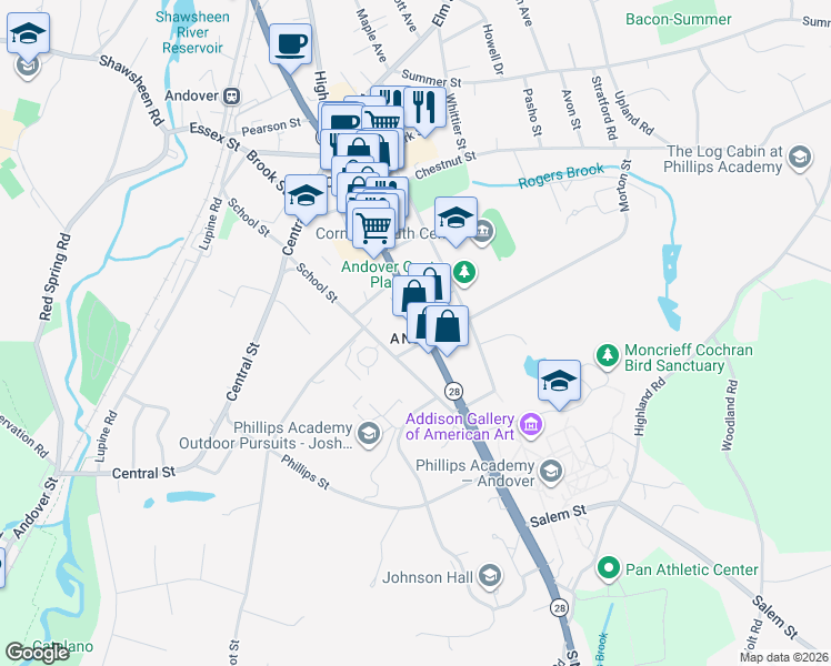 map of restaurants, bars, coffee shops, grocery stores, and more near 125 Main Street in Andover