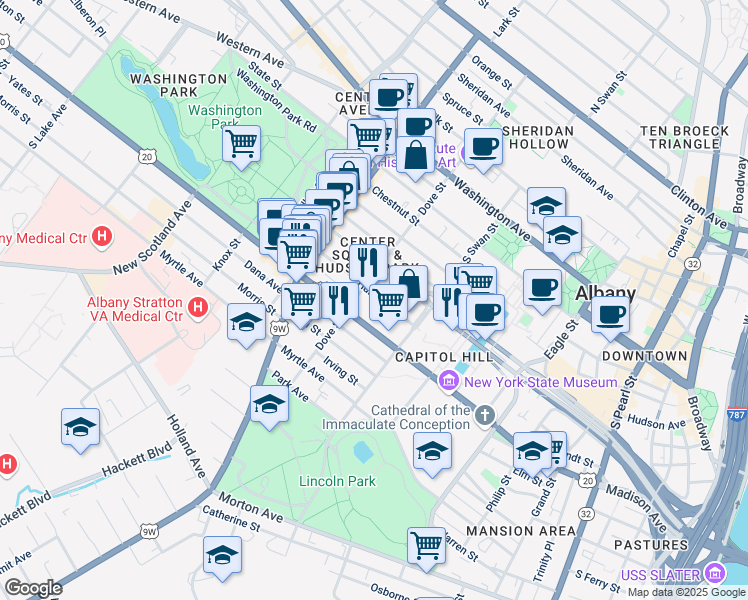 map of restaurants, bars, coffee shops, grocery stores, and more near 335 Madison Avenue in Albany