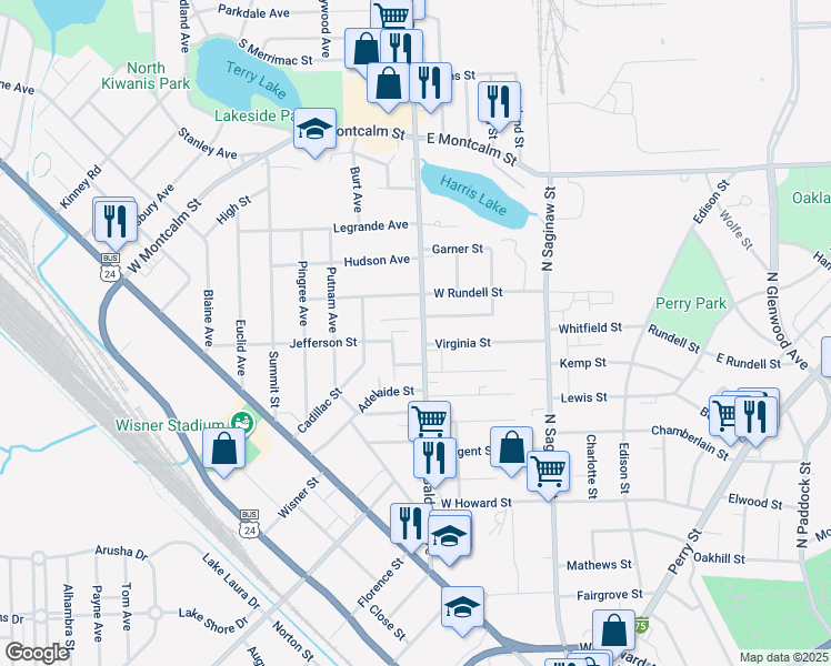 map of restaurants, bars, coffee shops, grocery stores, and more near 249 Baldwin Avenue in Pontiac