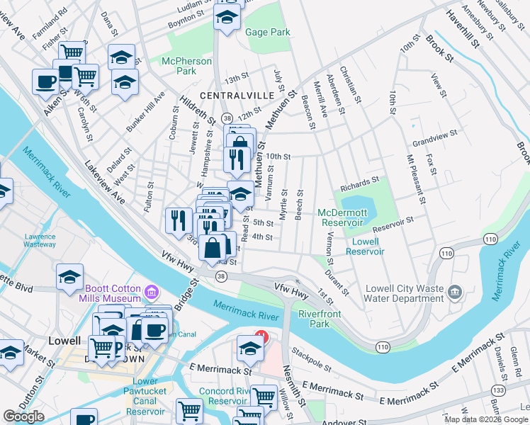 map of restaurants, bars, coffee shops, grocery stores, and more near 59 5th Street in Lowell