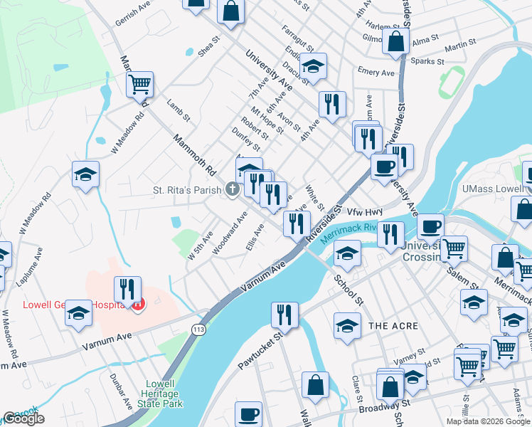 map of restaurants, bars, coffee shops, grocery stores, and more near 9R Coburn Court in Lowell