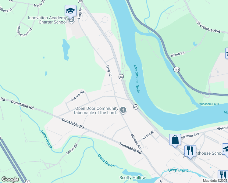 map of restaurants, bars, coffee shops, grocery stores, and more near 71 Mission Road in Chelmsford