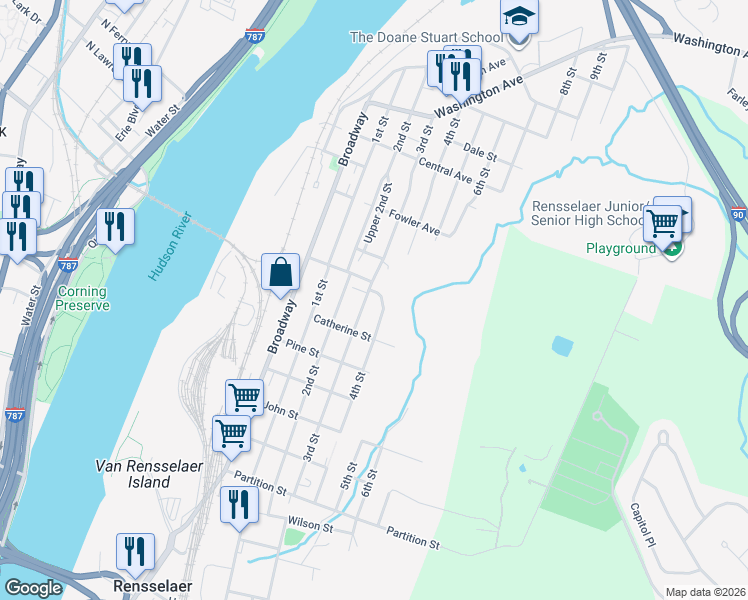 map of restaurants, bars, coffee shops, grocery stores, and more near 1318 3rd Street in Rensselaer