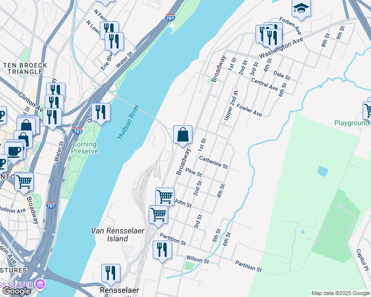 map of restaurants, bars, coffee shops, grocery stores, and more near 1244 Broadway in Rensselaer
