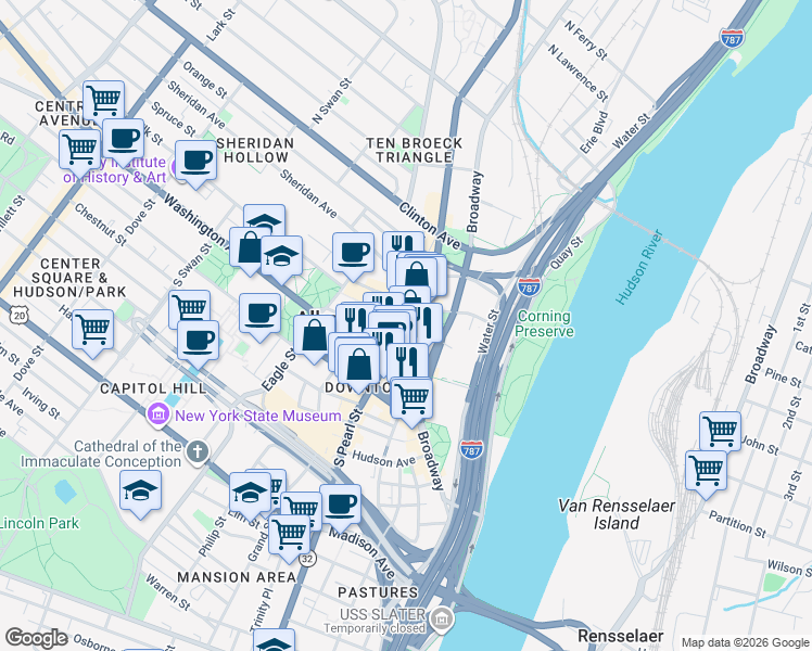 map of restaurants, bars, coffee shops, grocery stores, and more near 40 North Pearl Street in Albany