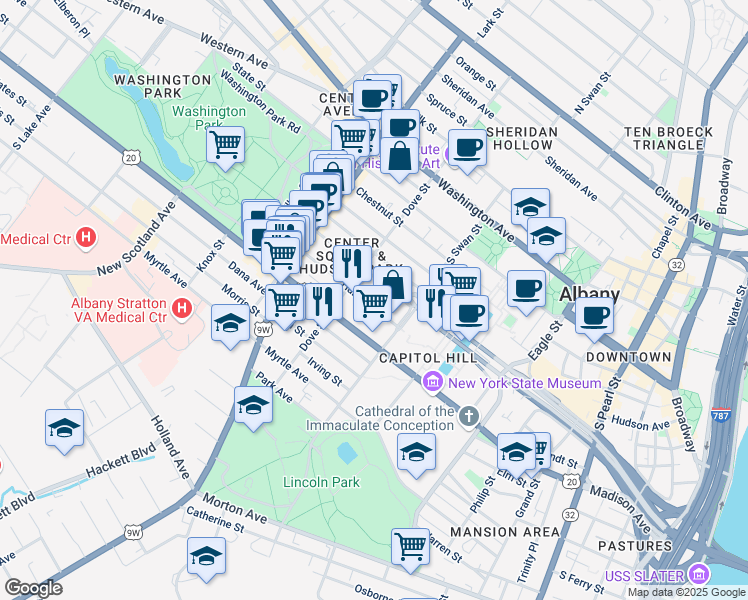 map of restaurants, bars, coffee shops, grocery stores, and more near 335 Madison Avenue in Albany