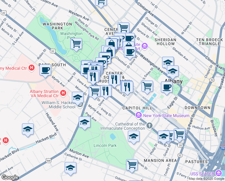 map of restaurants, bars, coffee shops, grocery stores, and more near 370 Madison Avenue in Albany