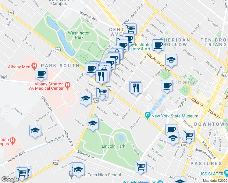 map of restaurants, bars, coffee shops, grocery stores, and more near 370 Madison Avenue in Albany