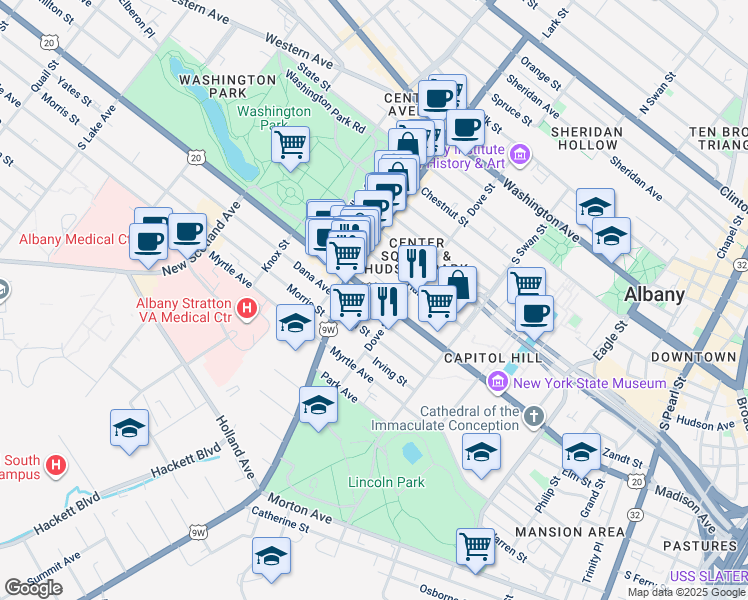 map of restaurants, bars, coffee shops, grocery stores, and more near 255 Elm Street in Albany