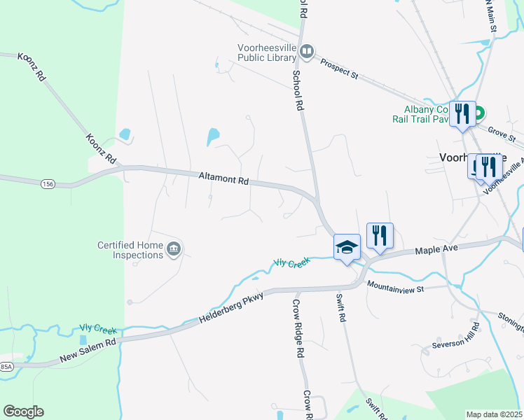 map of restaurants, bars, coffee shops, grocery stores, and more near 12 Pheasant Run in Voorheesville