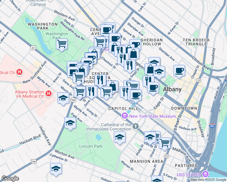 map of restaurants, bars, coffee shops, grocery stores, and more near 289 Hamilton Street in Albany