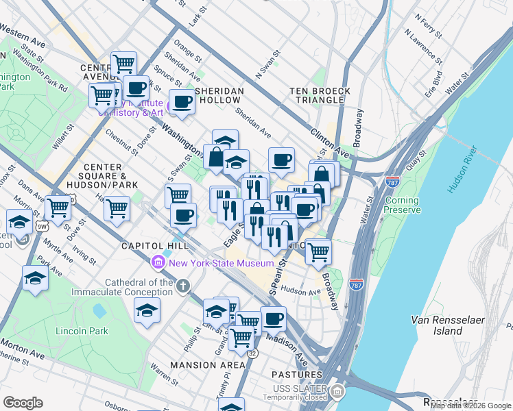 map of restaurants, bars, coffee shops, grocery stores, and more near in Albany