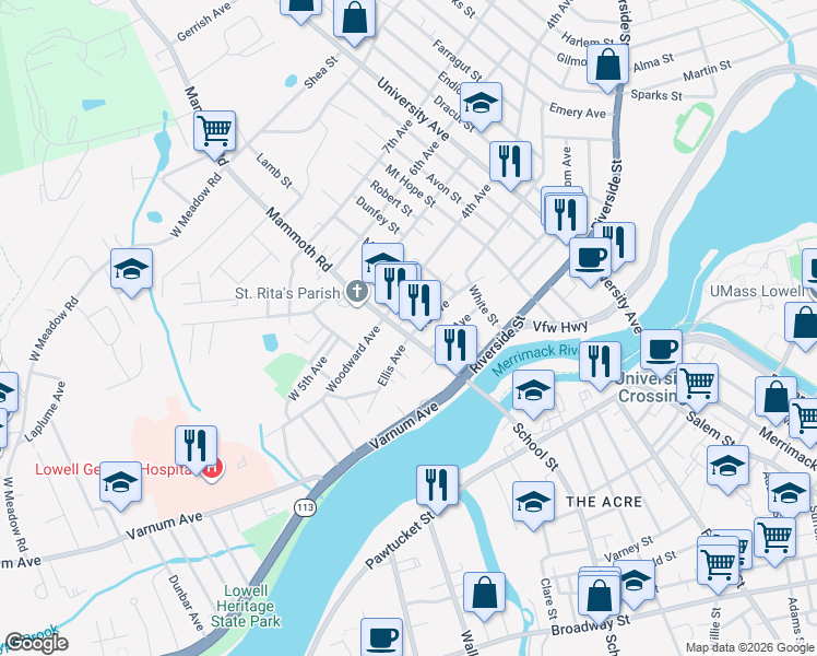 map of restaurants, bars, coffee shops, grocery stores, and more near 9R Coburn Court in Lowell