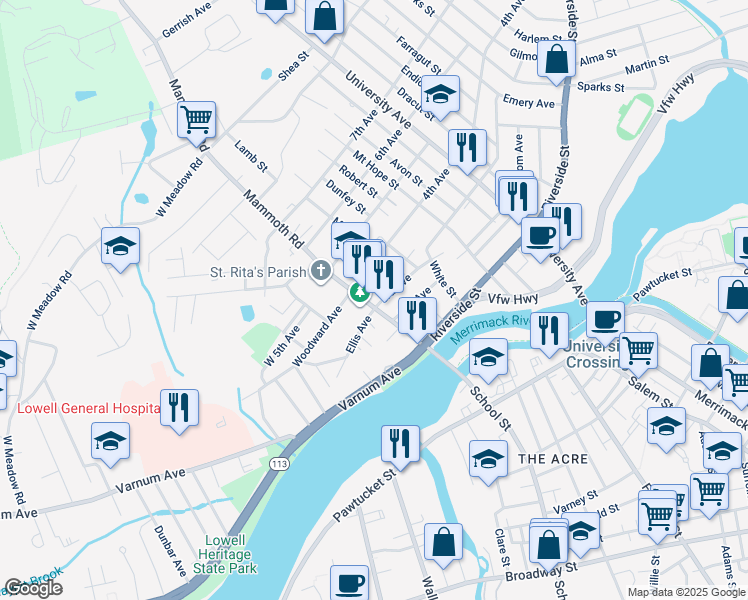 map of restaurants, bars, coffee shops, grocery stores, and more near 89 Mammoth Road in Lowell