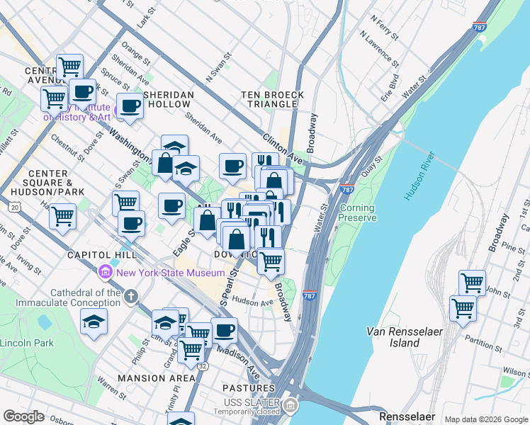 map of restaurants, bars, coffee shops, grocery stores, and more near 60 North Pearl Street in Albany