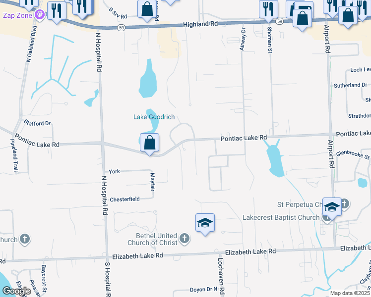map of restaurants, bars, coffee shops, grocery stores, and more near 432 Pinecliff Court in Waterford Township