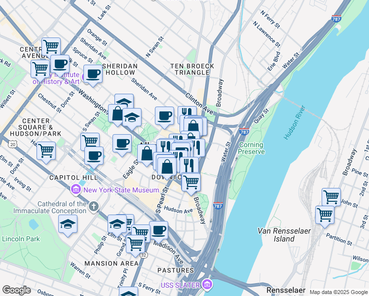 map of restaurants, bars, coffee shops, grocery stores, and more near 40 North Pearl Street in Albany